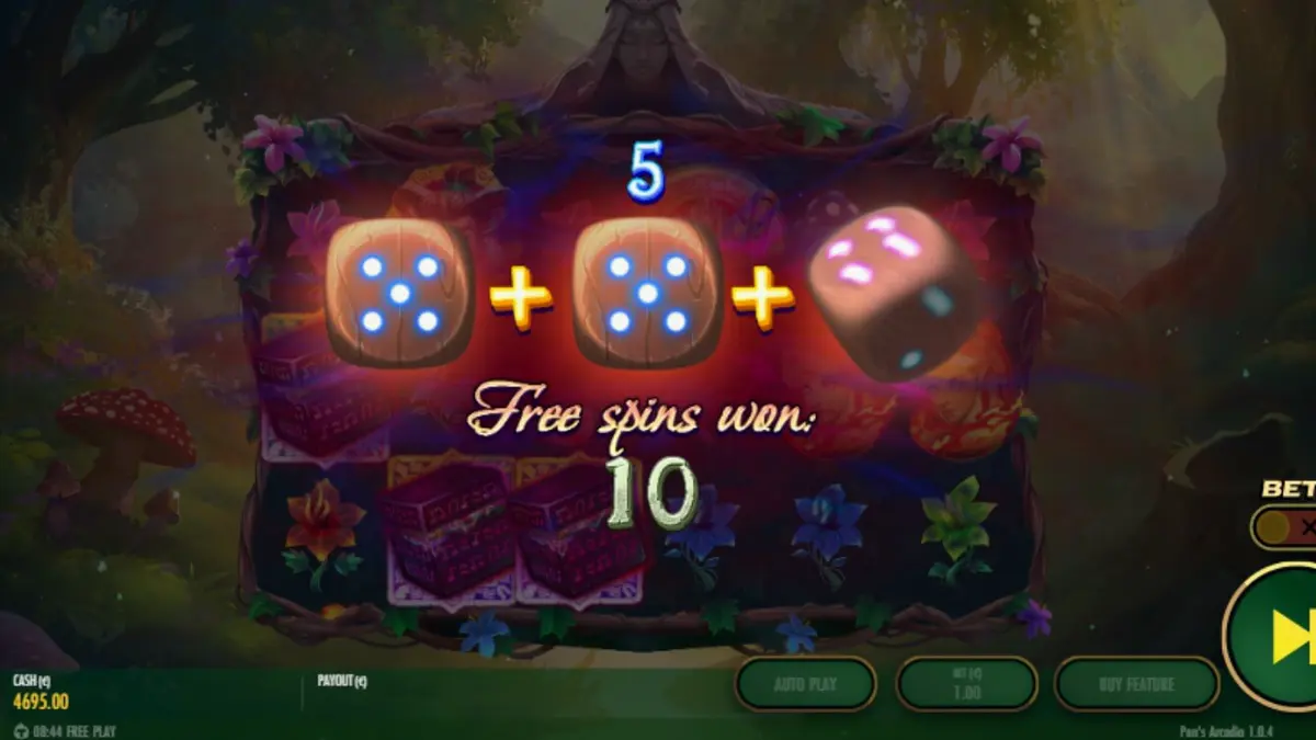 Pemandangan hutan mistis dalam slot Pan’s Arcadia dengan simbol mitologi Yunani.