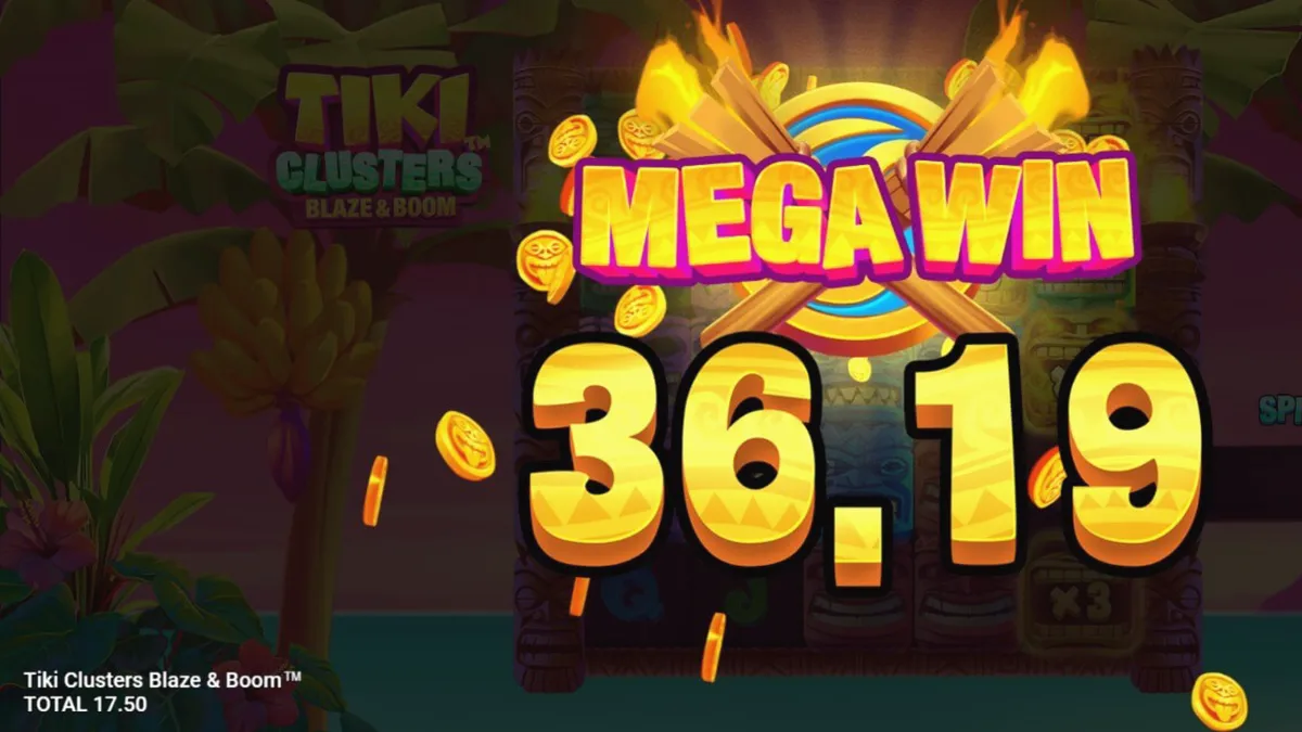 Tiki Clusters Blaze & Boom slot game interface with tropical theme
