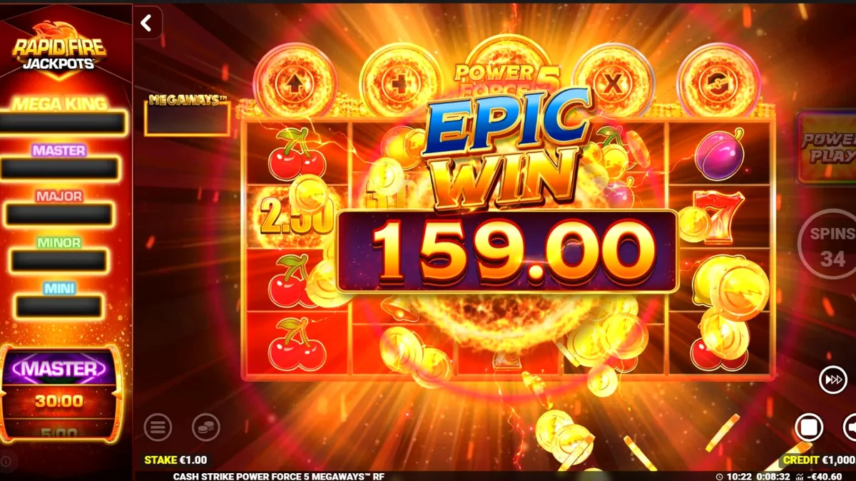 Tampilan layar permainan slot Cash Strike Power Force 5 Megaways dengan simbol buah klasik.