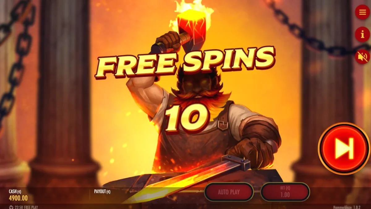 Tampilan visual slot Hammerblaze dengan latar belakang gunung berapi dan grid 7x7